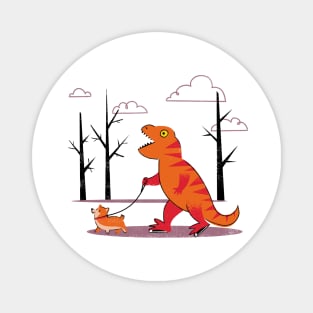 T-Rex Walking a Corgi Magnet